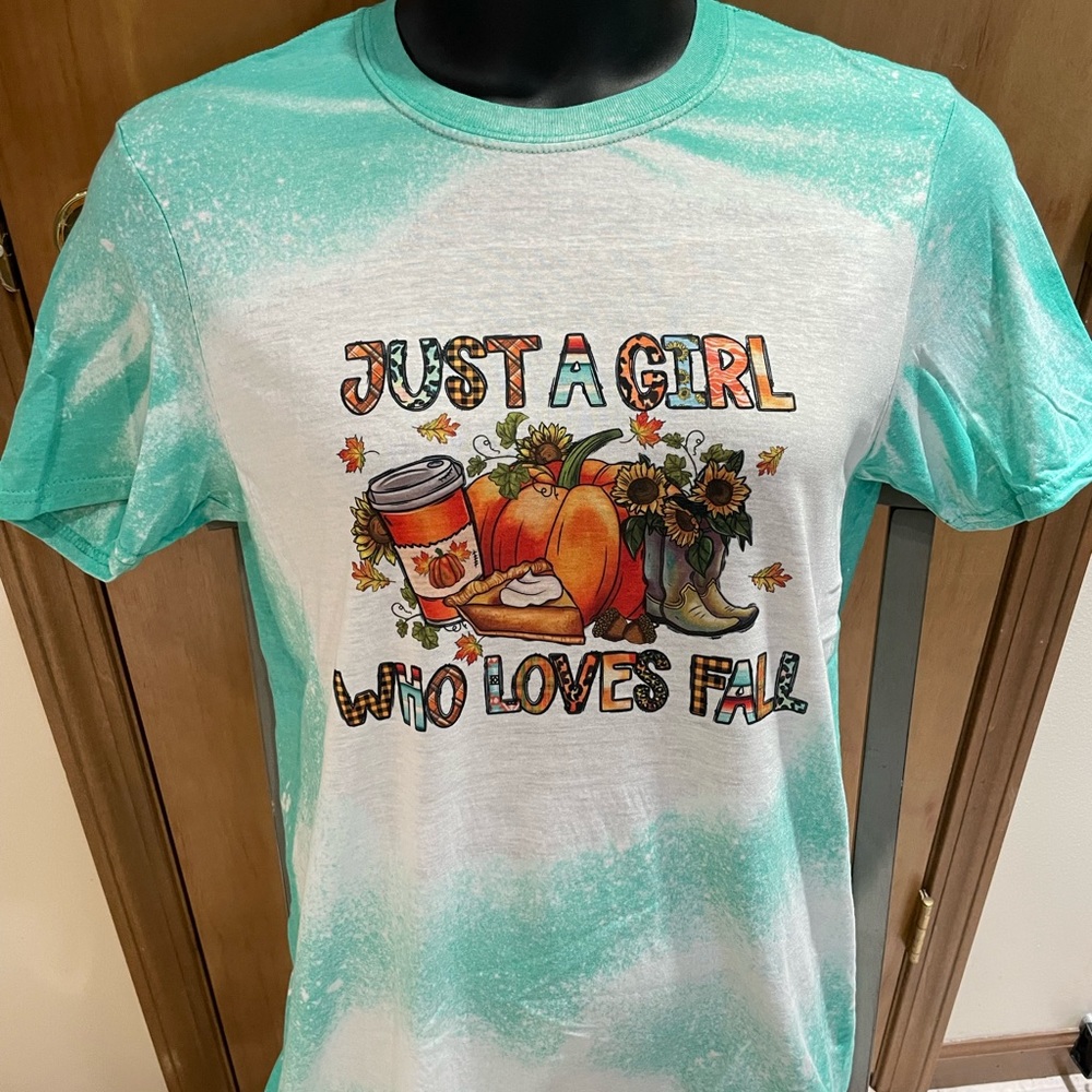 Bleached and Sublimated T-Shirt Medium Just a girl who loves fall